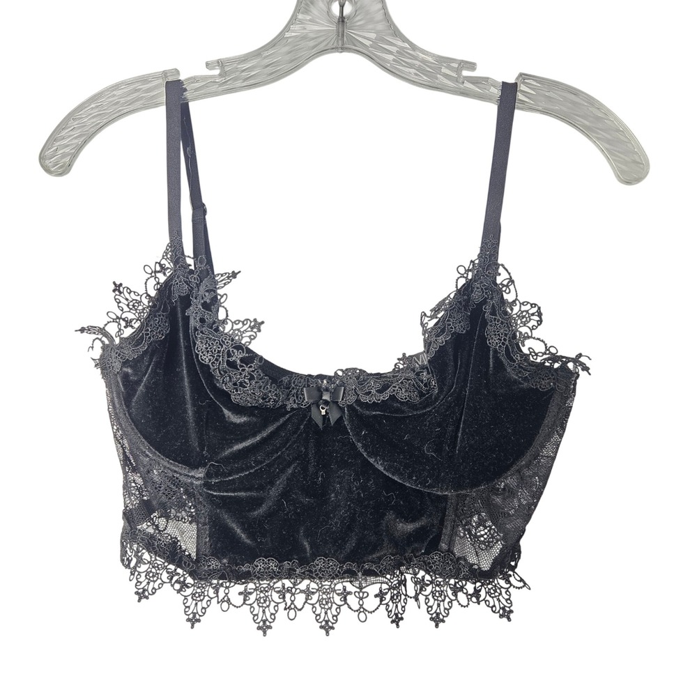 Widow Sz S Black‎ Velvet Lace Trim Corset Bralette Bra Top Goth Punk Festival